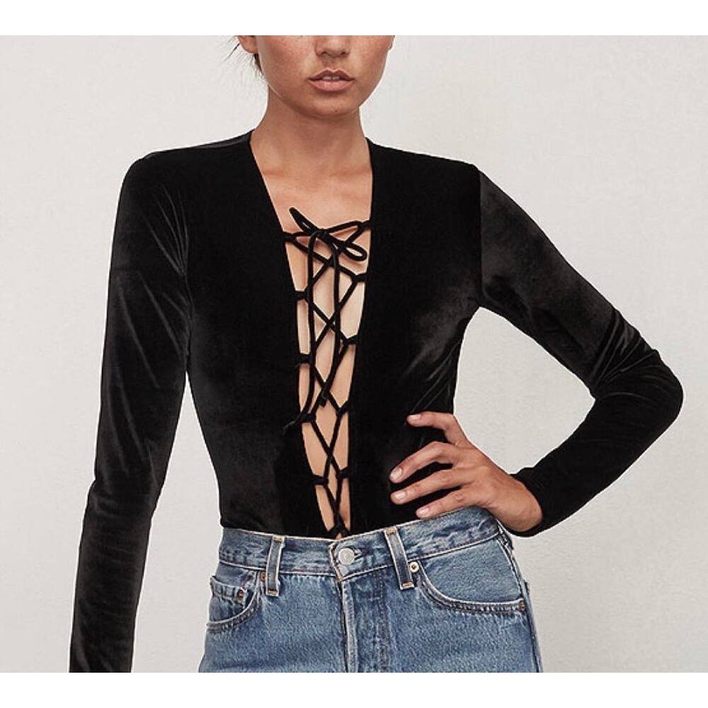 Reformation Avalon Lace-Up Velvet Bodysuit /Black/ M